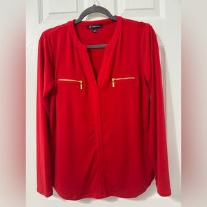 INC Red Long Sleeve Top with Gold Zipper Accents